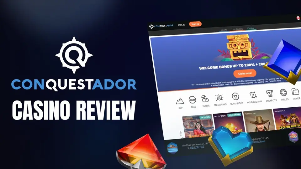 Conquestador Casino review — the desktop lobby with the welcome banner and game categories