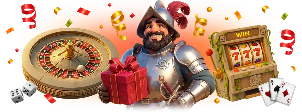Conquestador's explorer mascot holding a welcome gift between a roulette wheel and a slot machine